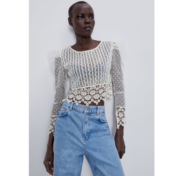NWT ZARA Dotted Mesh Top/Crocheted hem embellished w/Beading/Pearls Sheer Blouse - Picture 10 of 13